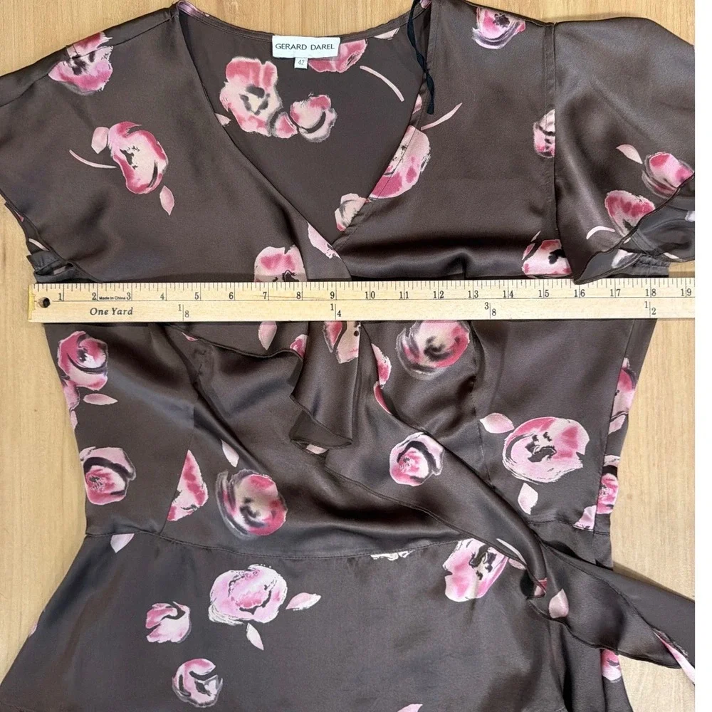 Gerard Darel Vintage Silk 2 Piece Set Brown Pink Floral Wrap Top Midi Skirt 42